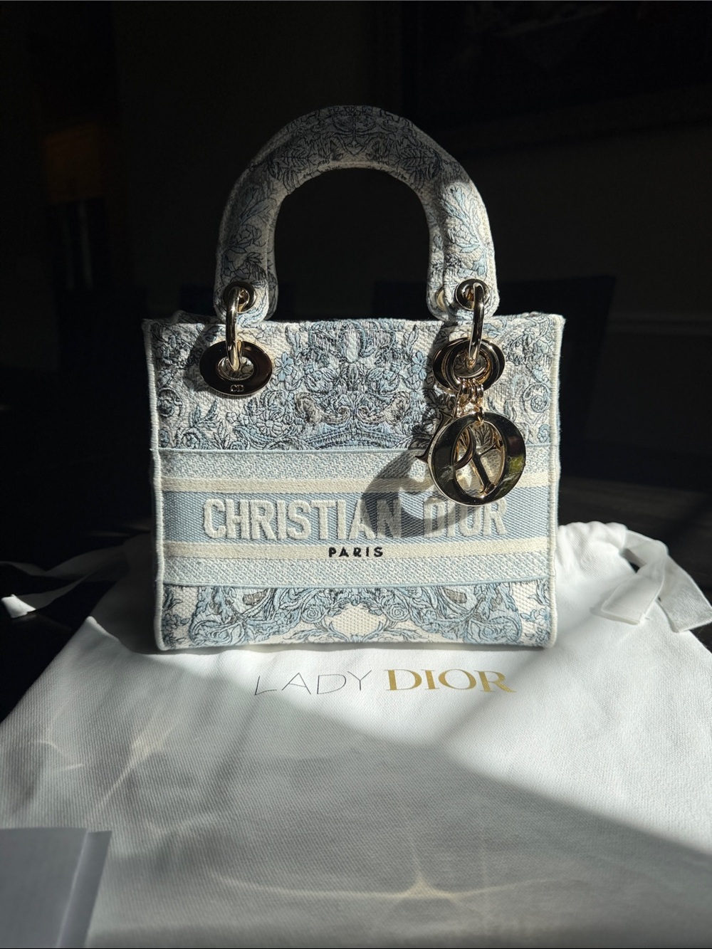 Dior Lady Dior Mini Tote in Light Blue and Cream Toile - Picture 1 of 5